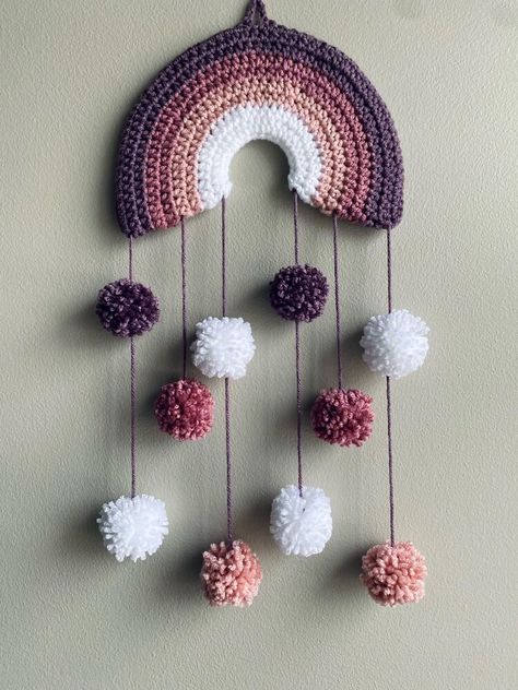 Rainbow Pom Wall Hanging Crochet pattern by Wee Warrior Crafts Yarn Decor Diy Wall Hangings, Crochet Hanging Decoration, Wall Crochet Decor, Diy Wall Hanging Crafts Room Decor, Creative Nursery Ideas, Crocheted Wall Hangings, Crochet Boho Garland, Crochet Room Decorations, Home Decor Crochet Ideas