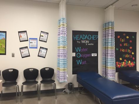 Decorating my clinic. School Nurse Room Design, Health Clinic Decor, Decorating School Nurse Office, School Nurse Bulletin Board Ideas Elementary, School Clinic Ideas Nurse Office Decor, Nurses Office School, Nurse Clinic Decor, Elementary School Clinic Decor, Nurses Office Decor School