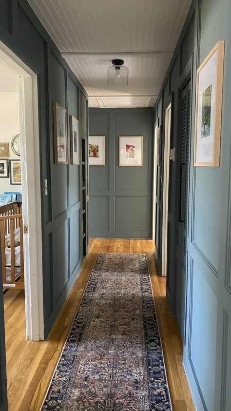 Get inspired by this stunning dark and moody hallway makeover! Witness the incredible DIY transformation, and discover creative ideas for your own home. Moody Hallway, Dark Hallway Ideas, Board And Batten Hallway, Home Depot Colors, Hallway Wall Colors, Hallway Paint Colors, Blue Hallway, Hallway Paint, Hallway Makeover