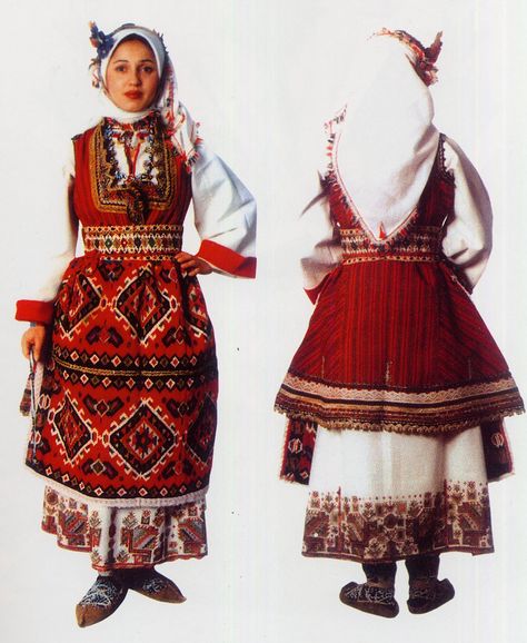 FolkCostume: Costume and embroidery of Skopska Blatija, Macedonia Bulgarian Clothing, Greek Costume, North Macedonia, Folk Clothing, National Dress, Folk Dresses, National Costume, European Women, Traditional Fashion