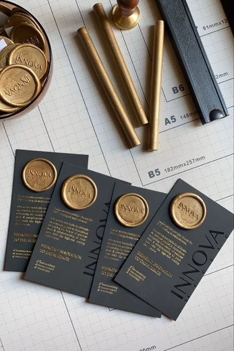 customized gold seals Wax Seal Business Card, Businesses Cards Ideas, Luxury Thank You Card Business, Gold Stamping Packaging, Custom Business Ideas, Wax Seals Ideas, Luxury Thank You Card, Luxury Business Card Design Creative, Thank You Business Cards Ideas