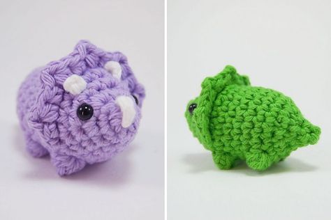 Mini Triceratops Amigurumi - Your Crochet Tiny Triceratops Crochet, Mini Triceratops Crochet Pattern Free, Triceratops Crochet Pattern Free, Crochet Triceratops Free Pattern, Crochet Turtle Keychain, Crocheted Stuffed Animals, Marly Bird, Dinosaur Dragon, Dragon Crochet