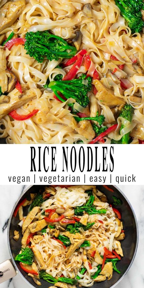 These Rice Noodles are made with colorful vegetables and vegan chicken, and are bursting with flavor. A great stir fry, budget-friendly and better than any take-out. Made in one wok or skillet, my easy Rice Noodles recipe comes together in under 20 minutes. #vegan #dairyfree #vegetarian #dinner #lunch #contentednesscooking #ricenoodles Easy Rice Noodle Recipes, Easy Vegan Pasta Recipes, Rice Noodles Recipe, Stir Fry Noodles Recipe, Easy Vegan Pasta, Vegan Casseroles, Fried Noodles Recipe, Rice Noodle Recipes, Vegan Entrees