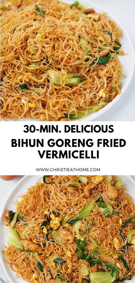 Bihun Goreng Fried Vermicelli, also known as Bee Hoon Goreng. A popular stir fried vermicelli noodle dish that originates from Indonesia and is commonly eaten in South East Asia. Bihun Goreng consists of chewy springy vermicelli noodles fried with leafy greens, tender chicken, egg, bean sprouts, and garlic. Seasoned with a sweet soy sauce for the perfect flavour. #noodles #noodle #noodlerecipes #vermicelli #indonesian #indonesianfood #asianrecipe #asianfood #indonesianrecipe #quickmeal Fried Rice Vermicelli Noodles, Chinese Vermicelli Noodles, Best Vermicelli Noodles Recipes, Garlic Vermicelli Noodles, Vermicelli Mac And Cheese, Indonesian Noodle Recipes, Vermecilli Noodles Recipes, Vegetarian Vermicelli Recipes, Recipes With Sweet Soy Sauce