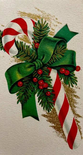 50s Classic Candy Cane Gold Pine Berries Green Ribbon Vtg Christmas Card USED Vintage Christmas Greeting Cards, Christmas Artwork, Vintage Christmas Images, Candy Cards, Christmas Graphics, Old Christmas, Old Fashioned Christmas, Green Ribbon, Vintage Christmas Cards