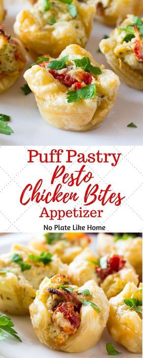 Puff Pastry Pesto Chicken Bites Appetizer is a delicious hot hors d'ouevres to serve your party guests. They are flavorful and filling so you won't have to make a lot of apps. Easy-to-make in just 30 min with leftover chicken. Pin for later. Chicken Bites Appetizers, Chicken Appetizer, Puff Pastry Appetizers, Pastry Appetizer, Puff Pastries, Chicken Appetizers, Healthy Brunch, Party Appetizers Easy, Party Dips