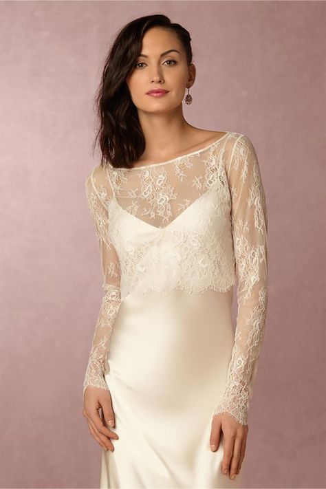 BHLDN Marlene Tooper dress with fabulous lace sleeves! Lace Jacket Wedding, Bridal Separates Tops, Fairytale Wedding Gown, Convertible Wedding Dresses, Wedding Bolero, Plus Size Evening Gown, Unconventional Wedding Dress, Bridal Bolero, Bolero Wedding