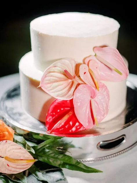 Pink peace lily flowers, also known as flamingo flowers, pop against this all-white two-tier wedding cake. What could be a more perfect flower to incorporate into a tropical wedding cake than that? Get more beach wedding cake inspiration at the link. // Photo: Rebecca Yale Photography and Cake: Mauna Kea Beach Hotel Beach Wedding Cake Ideas, Beach Wedding Cakes, Beach Wedding Color Palette, Tropical Wedding Cake, Succulent Cake, Beach Location, Beach Wedding Colors, Stunning Wedding Venues, Wedding Cake Ideas