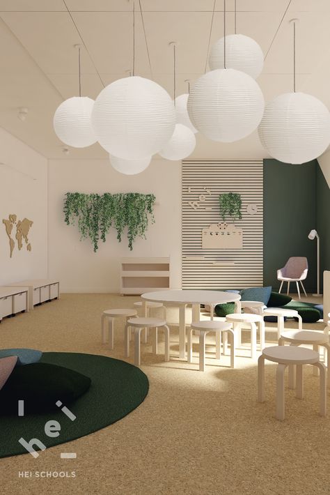 Modern Classroom Interior, Classroom Kindergarten Design, Hei School, Kindergarten Design Concept, Elementary School Interior Design, Play School Interiors, Preschool Interior Design, Daycare Interior Design, Preschool Classroom Design