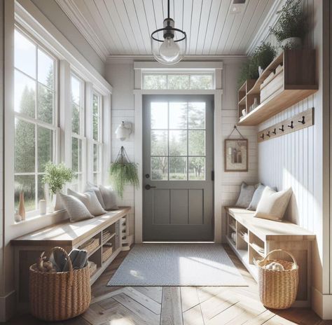 Mudroom Entryway With Windows, Front Mudroom Entry Ways, Mudroom Sitting Room Combo, Mudroom Sunroom Combo, Enclosed Porch Mudroom, Open Mudroom, Porch To Mudroom, Mud Room Addition, Entrance Mudroom