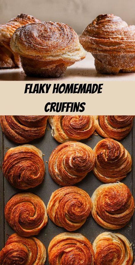 Cruffins are muffins made of croissant dough. Flak, tender, buttery and crispy sometimes coated in sugar and filled with chocolate, nutella, pastry cream and more. #baking #cruffins #cruffinrecipe #croissantmuffins #muffins #croissants #howtomakecruffins Butter Crossaint Recipes, Best Homemade Croissants, Homemade Cruffin Recipe, Apple Cruffin Recipe, Flavored Croissant Recipe, Cream Filled Croissants, Strawberry And Cream Cruffins, Uncommon Desserts, Bakery Style Pastries