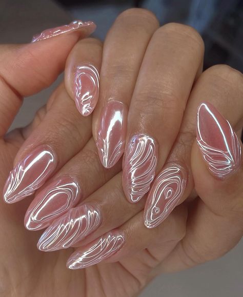 On Wednesdays we wear Pink 💖🪞 Ya’ll love my 3D Chromes, gotta do one in pink 🙈 #nailinspo #3dnails #naildesign #3dchromenails #chromenails #iridiscentnails #pinknails #apresgelx #gelxnails #gelxinspo #almondnails #elegantnails #nails2inspire #trendynails #cutenails #demure Chrome Fairy Nails, Glinda Inspired Nails, Glinda Nails Wicked, Wicked Themed Nails, Wicked Nail Designs, Pink Fairy Nails, Demure Nails, Wicked Nails, Disco Nails