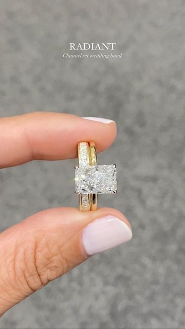 Elongated Radiant Engagement Ring And Wedding Band, Channel Band Wedding Ring, Wedding Band Radiant Engagement Ring, Diamond Engagement Rings Shapes, Radiant Channel Set Ring, Radiant Wedding Band Stack, Gold Band Engagement Rings Radiant, Radiant Engagement Ring With Thick Wedding Band, Radiant Ring And Wedding Band