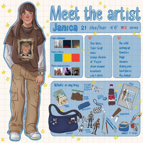 Draw The Artist, Artist Things, Favorite Characters Journal, Art Based Off Of Songs, Meet Artist, Doodle Of The Day, Meet The Artist Template Blank, Artist Illustration, Pov Your An Artist