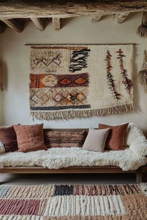 Add texture to your walls with artisan woven hangings for a cozy, boho vibe. #WallHangings #BohoDecor #ArtisanCraft Woven Wall Tapestry, Wall Rug Hanging, Pnw House, Wall Tapestry Bedroom, Textile Wall Hangings, Woven Wall Hangings, Rug Wall Hanging, Boho Tapestry, Cozy Boho