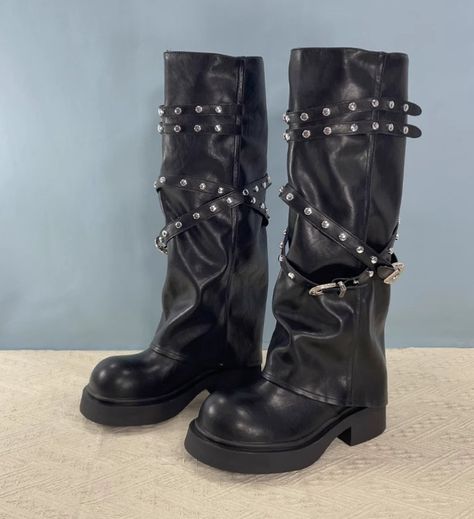 ZOUZIO SWEET PUNK STUDDED PLATFORM WOMEN'S BOOTS Step into the future of fashion with these Fall/Winter Sweet Punk Studded Platform Riding Boots for Women. With a bold design that blends punk aesthetics and functional durability, these knee-high motorcycle boots are perfect for anyone looking to make a style statement. Featuring studded detailing and a belt buckle accent, these boots are made for women who want to express their individuality while staying comfortable and stylish. Punk-Inspi... Knee High Boots Platform, Punk Aesthetics, High Boots Platform, Future Of Fashion, Boots Platform, Motorcycle Boots, Boots For Women, Bold Design, Style Statement