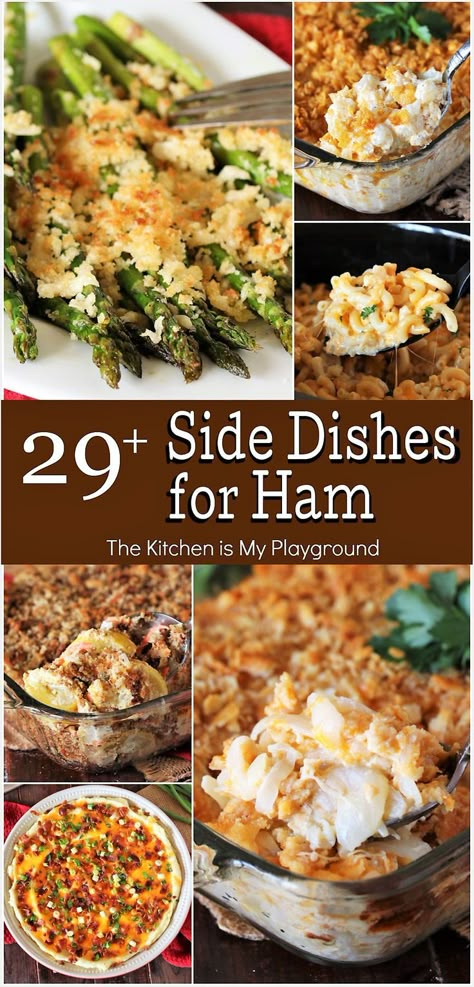 Collage of Side Dishes to Pair with Ham Sides For Ham Steak, Christmas Dinner Ideas To Go With Ham, Easter Turkey Dinner Sides, Ham Steak Sides, Stuffing For Ham Dinner, Things To Serve With Ham, Potato Recipes For Easter Dinner, Ham Steak Side Dishes, Easter Veggies Sides