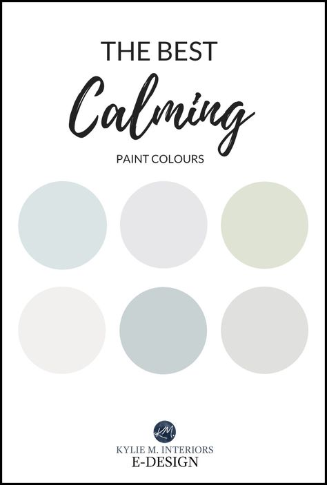 The best calming, soothing paint colour to reduce stress. Benjamin Moore and Sherwin Williams, blue, green, purple, gray and more. Kylie M Interiors Edesign, online paint color consulting Massage Room Paint Colors, Soothing Paint Colors, Calming Paint Colors, Sherwin Williams Blue, Kylie M Interiors, Light Grey Paint Colors, Light Paint Colors, Therapy Rooms, Spa Colors