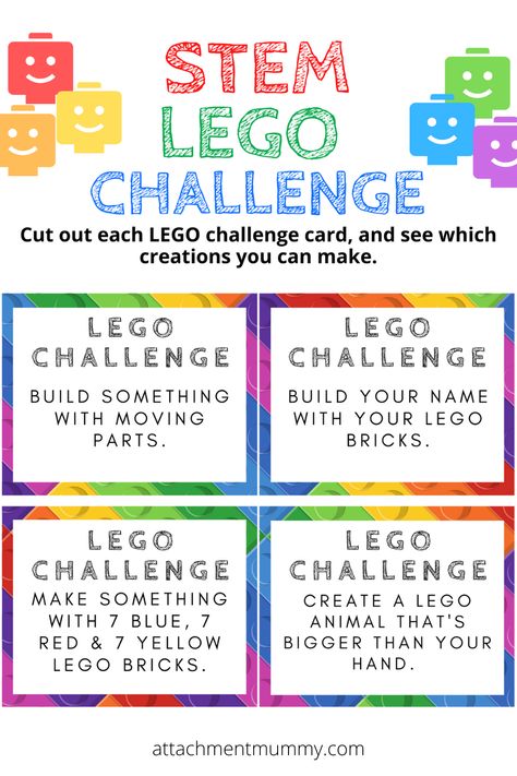 28 Day STEM LEGO Building Challenge {with printable cards} Lego Stem Challenge Cards, Homeschool Lego Activities, Steam Lego Activities, Lego Stem Kindergarten, National Lego Day Activities, Printable Stem Activities, Printable Lego Challenge Cards, Stem Lego Challenges, Lego Club Challenges