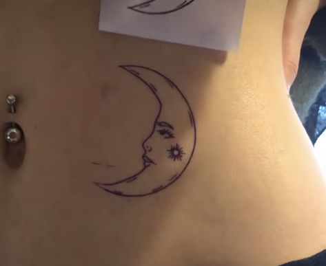 Hand Poked Moon Tattoo, Moon On Hip Tattoo, Red Crescent Moon Tattoo, Rises The Moon Tattoo, Sleeping Moon Tattoo, Full Moon Tattoos For Women, Thigh Moon Tattoo, Moon To Saturn Tattoo, Sun And Moon Tattoo Separate