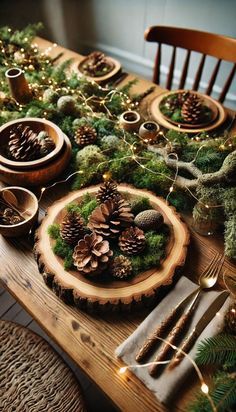 Rustic Christmas Party Decorations Table, Earthy Christmas Table Decor, Natural Woodsy Christmas Decor, Earthy Table Setting, Pinecone Tablescape, Moss Table Setting, Christmas Table Settings Rustic, Moss Table Decor, Earthy Christmas