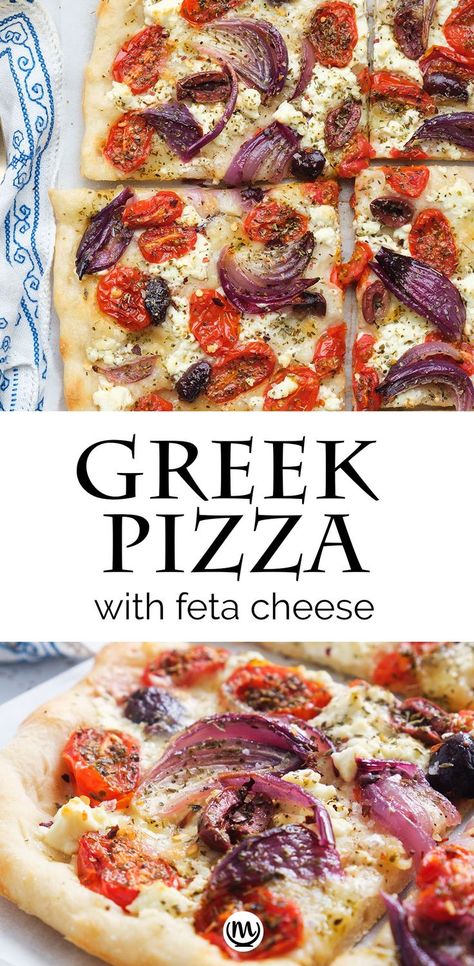 Top view of a Greek pizza with feta cheese, tomatoes and olives. Pizza Feta Cheese, Cheese Less Pizza, Feta Pizza Recipes, Feta Cheese Pizza Recipes, Pizza With Feta Cheese, Pizza With Olives, Greek Pizza Recipe Feta, Woodfire Pizza Recipes, Feta Recipes Dinner