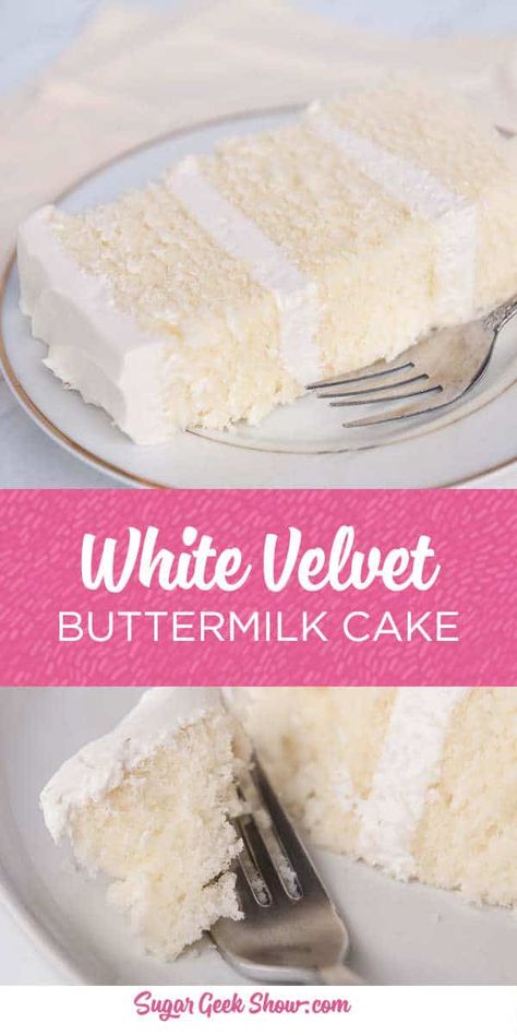 White Velvet Buttermilk Cake, White Velvet Cake, Bakewell Cake, White Velvet Cakes, Moist White Cake, Velvet Cakes, Buttermilk Cake, Velvet Cake Recipes, White Cake Recipe