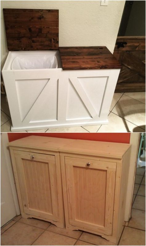 DIY Double Bin Recycling Station - 20 DIY Home Recycling Bins That Help You Organize Your Recyclables Garbage Bin Storage Indoor, Double Garbage Can Cabinet Diy, Double Trash Can Cabinet Diy, Indoor Bin Storage Ideas, Diy Wooden Trash Can Holder, Diy Recycling Station, Trash Can Storage Kitchen Diy, Home Recycling Station, Wood Trash Can Holder