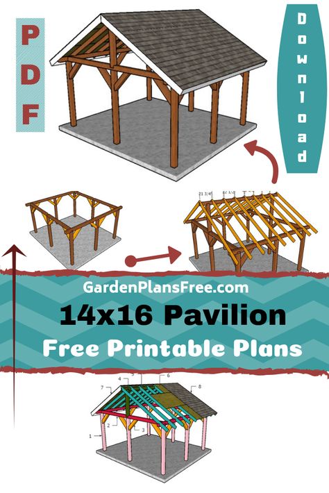 If you want to learn more about 14×16 outdoor pavilion plans you have to take a close look over the free plans in the article. This large pavilion has a gable roof with a 30 degree slope, so you can build it even in areas with significant precipitations. This pavilion is built on a 6×6 base frame, so it will be very sturdy and durable. #diy #pavilion #pergola #woodworking Wooden Outdoor Pavillion, Outdoor Covered Patio Plans, 20x24 Pavilion Plans, A Frame Pergola Ideas, How To Build A Pergola With Roof, Gazebo Plans How To Build, How To Build A Pavillion, Gable Pergola Ideas, Building A Gazebo Diy