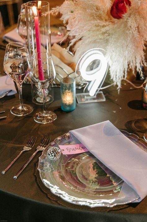 Neon Light Table Centerpiece, Chrome Wedding Decor, Neon Light Centerpieces, Disco Place Cards, Disco Table Numbers, Disco Ball Place Card, Disco Wedding Centerpieces, Disco Ball Centerpiece Ideas, Yacht Wedding Decor