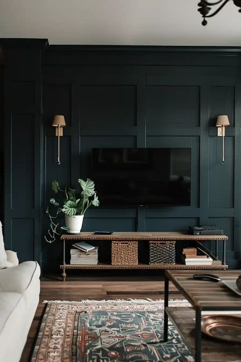 Tall Wall Above Tv, Accent Wall In Living Room With Tv, Tv Snug Room Ideas, Tv Wall Color, Tv Over Fireplace Ideas Living Rooms, Dark Tv Wall, Living Room Fireplace Tv, How To Start Painting, Dark Accent Walls