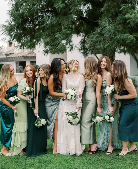 Teal Bridesmaid, Teal Bridesmaid Dresses, Wedding Color Pallet, Bridesmaid Colors, Mismatched Bridesmaids, Mismatched Bridesmaid Dresses, Fantasy Wedding, Green Bridesmaid, Bridesmaid Dress Colors