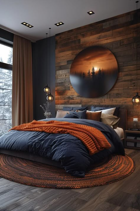 Lively Bedroom Ideas, Best Color Schemes For Bedroom, Ski House Bedroom Cozy, Interior Room Design Bedrooms, Room Inspiration Bedroom Wall, Moody Bohemian Bedroom, Interior Design Wood Modern, Bedroom With Wood Accent Wall, Bedroom Inspirations Cozy Color Schemes