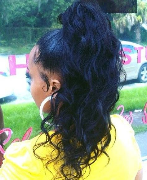 long black wavy ponytail                                                       … High Wavy Ponytail Black Women, Two Ponytails With Weave, Wet Hairstyles, Black Ponytail, Weave Ponytail Hairstyles, Wavy Ponytail, Weave Ponytail, Black Ponytail Hairstyles, Pony Tails