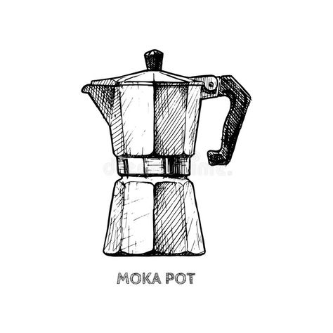 Illustration about Vector hand drawn illustration of moka pot in vintage engraved style. isolated on white. Illustration of caffeine, macchinetta, engraving - 100058327 Moka Pot Drawing, Moka Pot Illustration, Moka Pot Tattoo, Coffee Pot Tattoo, Loose Sketching, Coffee Pot Art, Illustrated Recipe, Coffee Art Print, Pot Art