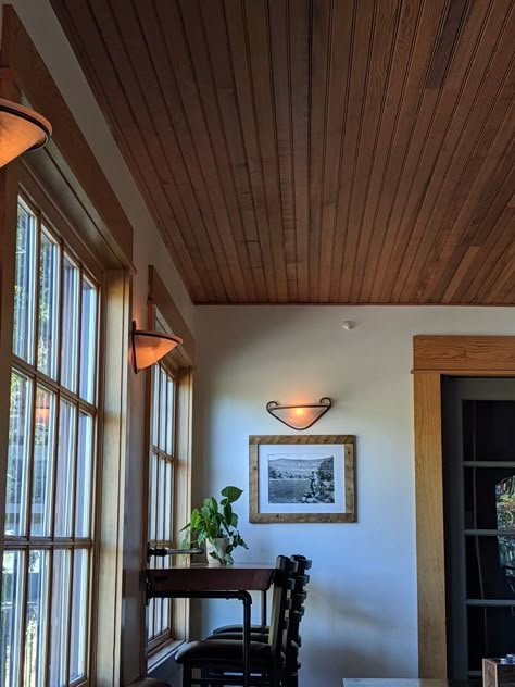 Beadboard Ceilings With Beams, Wooden Beadboard Ceiling, Dark Beadboard Ceiling, Cabin Beadboard Walls, Wood Panel Ceiling Office, Beadboard Ceiling Stained, Natural Wood Beadboard Walls, Natural Beadboard Ceiling, Natural Beadboard Walls