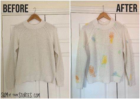 Swiss Darn Stained Sweater Makeover — Sum of their Stories Craft Blog Cover Stains On Clothes, Yarn Embroidery On Sweatshirt, Embroidery To Cover Stains, How To Fix A Snag In A Sweater, Mending Knitted Sweater, Repairing Knitted Sweater, Visible Mending Cashmere Sweater, Stain On Clothes, Woolen Flower