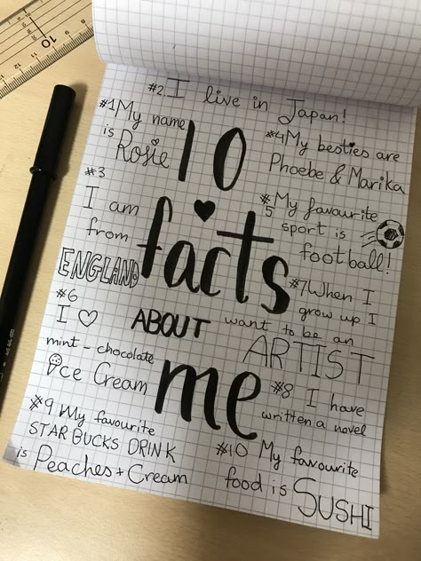 10 Facts about me! Things To Write In Your Diary About Your Crush, 10 Facts About Me Template, Me In 50 Words, Diary About Me Page, Facts About Me Template, Creative Things To Write In Diary, All About Me Journal Page, All About Me Journal Ideas, Sketch Book First Page Ideas