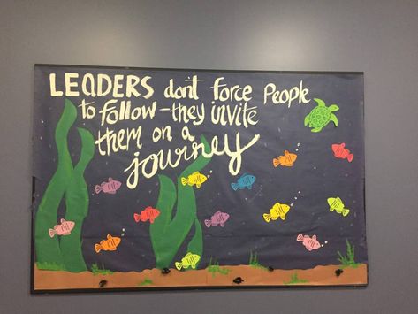 Leadership bulletin board. Quote "leaders dont force people to follow- they invite them on a journey. " Bulletin board has fish following a turtle. Leadership Ra Bulletin Boards, Ra Study Tips Bulletin Board, Leadership Bulletin Boards, Ra Bulletin Boards Educational, Ra Bulletin Boards Academic Success, Ra Bulletin Boards Midterms, College Bulletin Boards, Ra Themes, Ra Bulletins