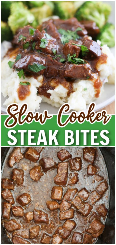 Slow Cooker Steak Bites - perfect for an easy and delicious weeknight dinner. Chunks of steak are slow cooked to tender perfection in a savory gravy. It takes just a few minutes of prep and you will have a scrumptious dinner waiting when you get home! Steak Bits Crockpot, Sirloin Tip Steak Recipes Crockpot, Garlic Steak And Potatoes Crockpot, Steak In Crockpot Recipes, Steak Tips Crock Pot, Chuck Steak Recipes Crockpot, Steak Crockpot Recipes, Slow Cooker Steak Bites, Steak In Crockpot