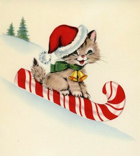 Candy Cane Hat, Cat Christmas Cards, Christmas Kitten, Vintage Christmas Images, Meowy Christmas, Old Fashioned Christmas, Christmas Cat, Christmas Drawing, Christmas Scenes