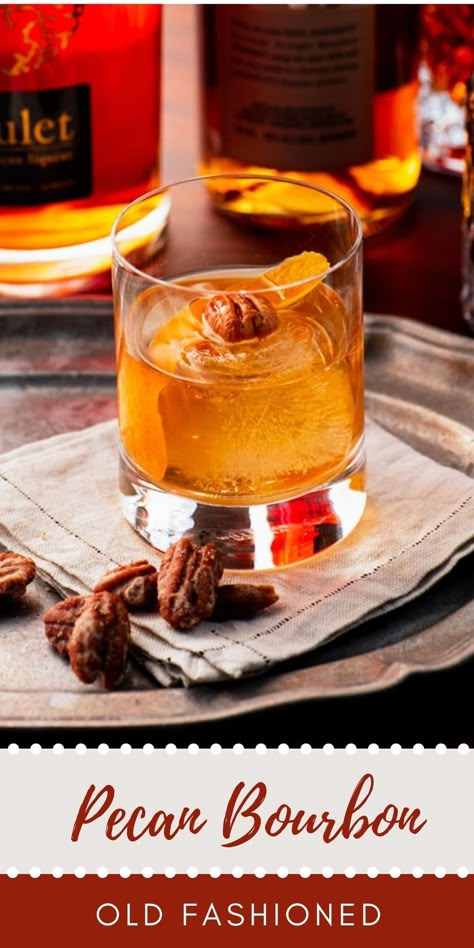 Pecan Bourbon Old Fashioned Cocktail | Vintage Kitty Pecan Pie Old Fashioned Drink, Pecan Infused Bourbon, Pecan Old Fashioned Cocktail, Alcohol Station, Old Fashion Cocktail, Unique Food Gifts, Classy Drinks, Whiskey Drinks Recipes, Gimlet Cocktail