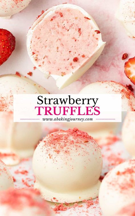 These delicious White Chocolate Strawberry Truffles are super easy to make with 3 ingredients only - perfect for a special occasion like Valentine's Day or edible gift for the Holidays! Strawberry Filling For Chocolates, Strawberry Filled Chocolates, Valentine Oreo Truffles, Fruit Truffle Recipe, Valentine’s Day Candy Recipes, Valentine's Candy Ideas, Raspberry White Chocolate Truffles, Oreo Truffles Valentines Day, Valentines Day Caramel Apples