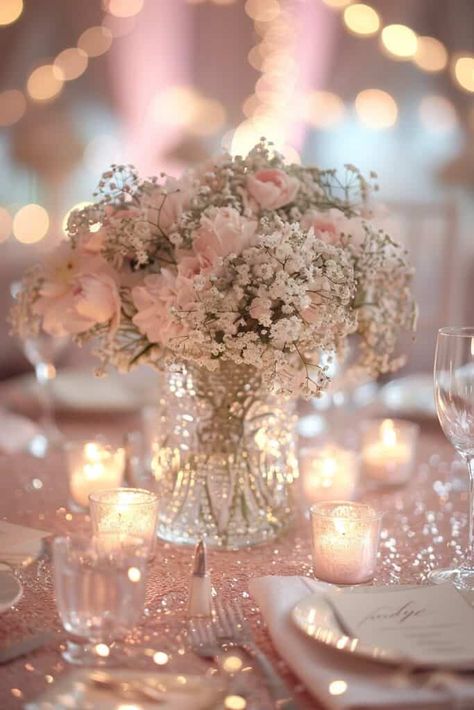 14 Enchanting Baby's Breath Centerpieces For Every Occasion • Small Quince Centerpieces, Pink Birthday Party Centerpieces, Simple Sweet 16 Centerpieces, Floral Centerpieces Baby Shower Girl, Centerpieces Quinceanera Flowers, Cute Pink Centerpieces, Coquette Centerpiece Ideas, Pastel Pink Centerpieces, Fairies Centerpieces