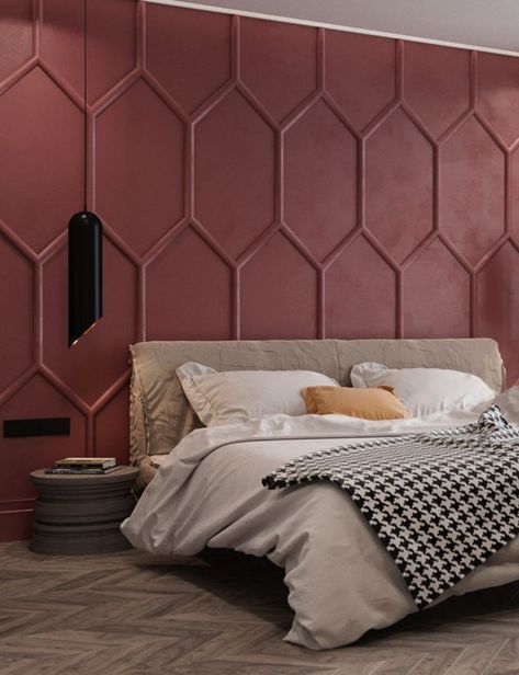 OM Architecture have designed an apartment in Kiev, Ukraine, that features a bold deep red accent wall in the bedroom. Moldings were used to create the pattern, while a single color helps to create a dramatic feature wall. #AccentWall #FeatureWall #Pattern #Bedroom #ModernBedroom #DeepRed Dusty Pink Bedroom, Ruangan Studio, Red Accent Wall, Pink Bedroom Walls, Dekorasi Kamar Tidur, Accent Wall Bedroom, Wall Panelling, Feature Walls, Wall Molding