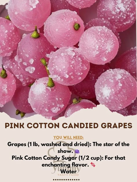 Sweeten your day with Pink Cotton Candied Grapes! 🍇🍭 A magical treat that's both easy and delightful. #SweetSnack #MagicalMunchies Pink Cotton Candied Grapes Recipe 🎀🍇 Ingredients: Grapes (1 lb, washed and dried): The star of the show. 🍇 Pink Cotton Candy Sugar (1/2 cup): For that enchanting flavor. 🍬 Water (to dampen grapes): Helps the sugar stick. 💦 Instructions: Prep Grapes: Ensure grapes are thoroughly washed and dried. 🚿 Dampen: Lightly wet the grapes with water. 💧 Coat: Roll grapes i... Cotton Candy Recipes, Cotton Candy Recipe, Cotton Candy Ideas, Candied Grapes Recipe, Candied Fruit Recipes, Candied Grapes, Fairytale Food, Flavor Water, Cotton Candy Grapes