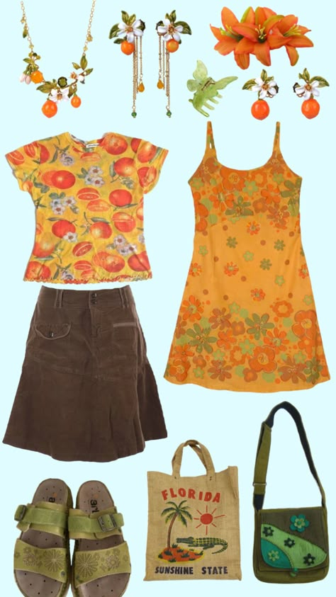 #fashion #clothes #outfitinspo #outfit #flowers Mango Inspired Outfit, Ruecore Outfit, Summer Outfits Aesthetic Colorful, Fun And Colorful Outfit, Fruit Clothes Aesthetic, Fruit Aesthetic Outfit, Colorful 90s Fashion, Fruitcore Outfits, Funky Outfits Summer