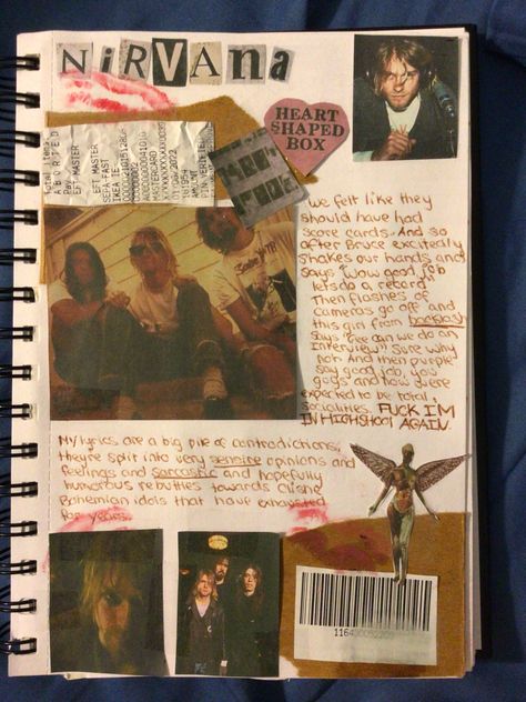 Journal Inspo Grunge, Nirvana Scrapbook, Grunge Journal Pages, Grunge Scrapbook Ideas, Messy Journal Aesthetic Grunge, Song Lyric Journal Pages, Grunge Journal Cover, Edgy Scrapbook, Journal Ideas Grunge