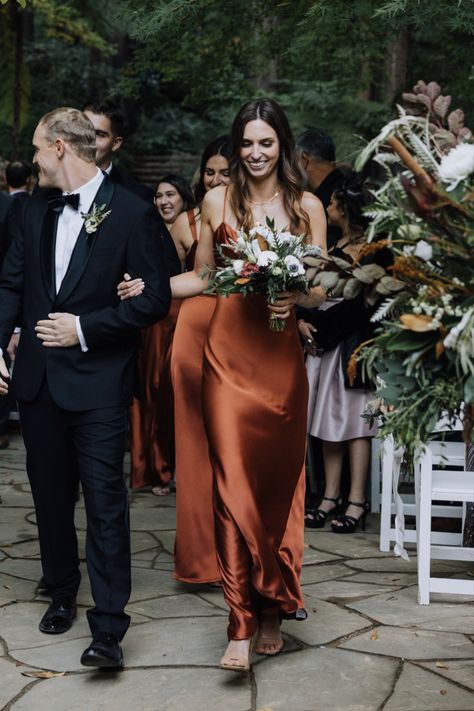 Rustic Copper Bridesmaid Dresses, Bridemaid Dress Copper, Black And Copper Bridesmaid Dresses, Rust Bridesmaid Dress Black Groomsmen, Fall Wedding Maid Of Honor Dress, Moody Fall Wedding Bridesmaid, Bridesmaid Copper Dress, Bridesmaid Brown Dress, Copper Silk Bridesmaid Dress