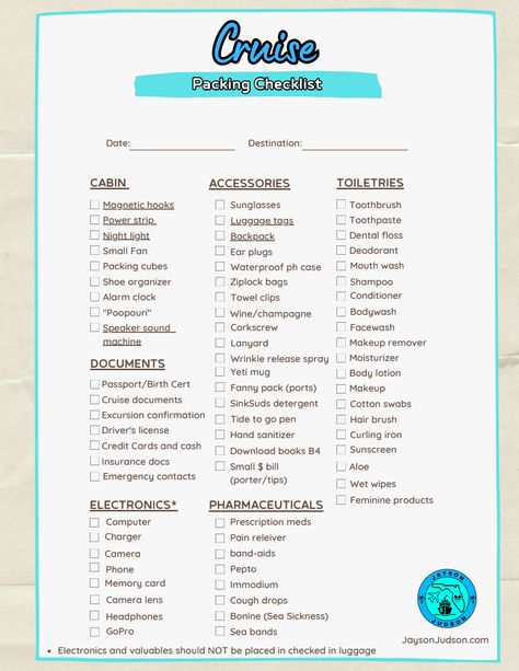 Jayson Judson Cruise Packing Checklist.pdf Cruise Checklist Packing Lists, Bahamas Cruise Packing List, Mexican Cruise, Cruise Packing Checklist, Cruise Checklist, Cruise Packing List, Cruise Essentials, Packing List For Cruise, Cruise Ideas